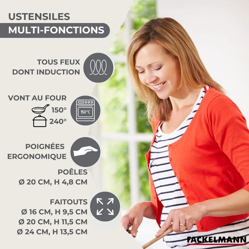 Batterie de cuisine 1 poêle 20 cm et couvercle, 3 faitouts 16/20/24 cm et 6 ustensiles de cuisine Fackelmann Geneva
