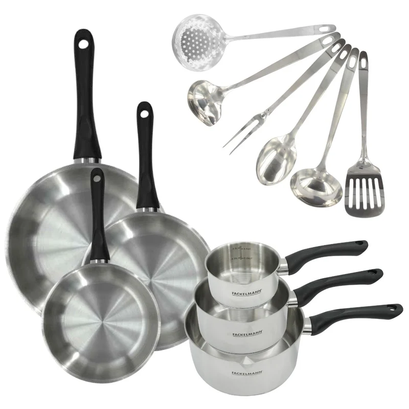 Set 3 poêles 20 24 et 28 cm, 3 casseroles en inox et 6 ustensiles inox Fackelmann Geneva