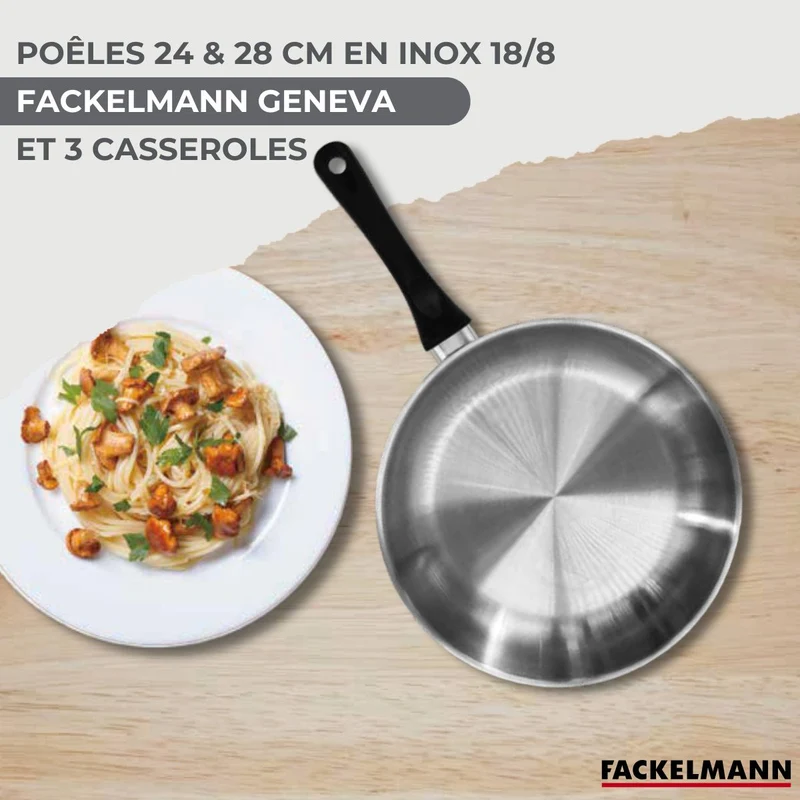 Set 2 poêles 24 et 28 cm, 3 casseroles en inox et 6 ustensiles inox Fackelmann Geneva