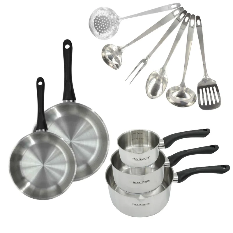 Set 2 poêles 20 et 24 cm, 3 casseroles en inox et 6 ustensiles inox Fackelmann Geneva
