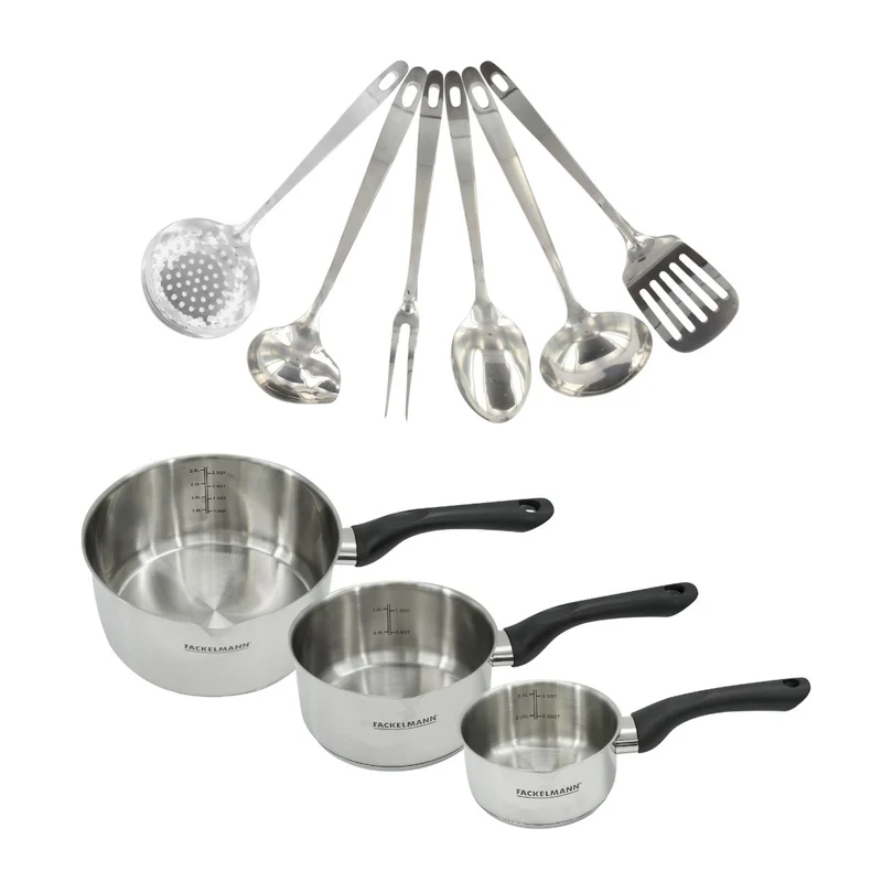 Set 3 casseroles 12 16 et 20 cm en inox et 6 ustensiles inox Fackelmann Geneva