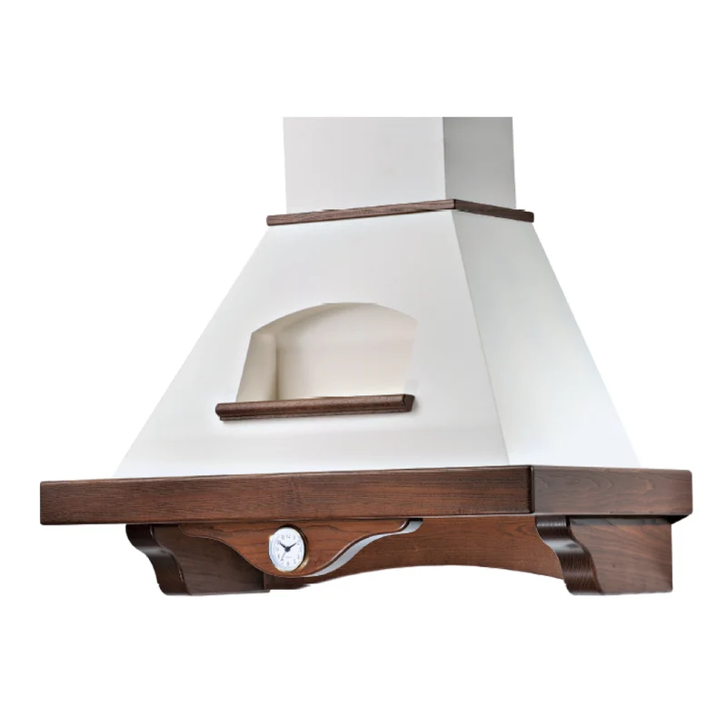 Hotte de cuisine rustique blanche AIDA avec cadre en bois couleur tabac avec horloge de 90 cm