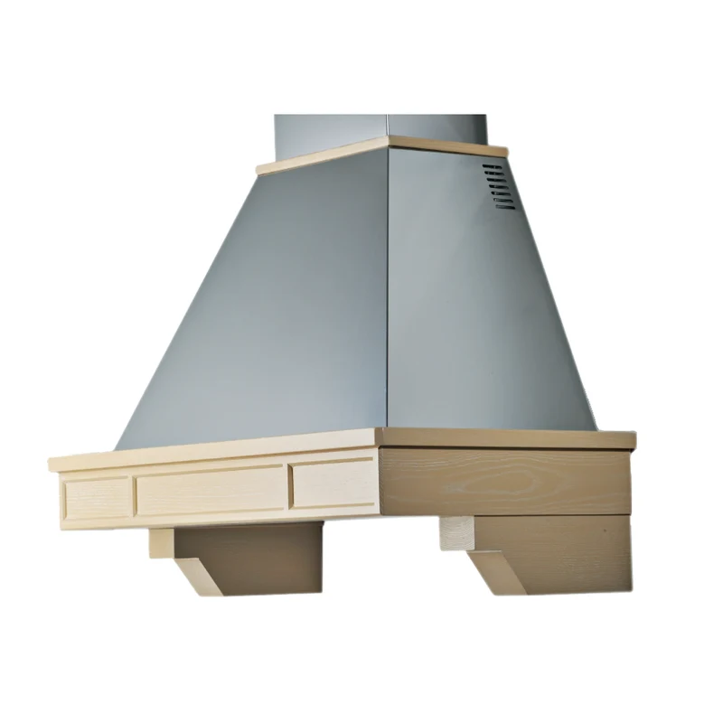 Hotte aspirante BRIDGE, acier inoxydable argenté, structure en bois marqueté, 120 cm