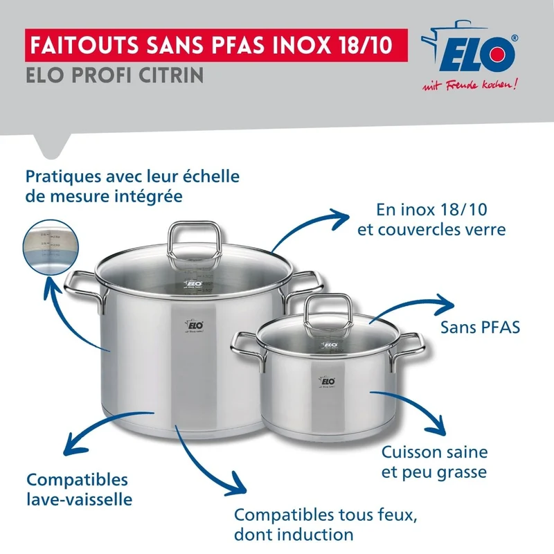 Ensemble de 3 Poêles de cuisson 24, 28 et 32 cm et 2 faitouts 20 et 26 cm Elo Profi Citrin