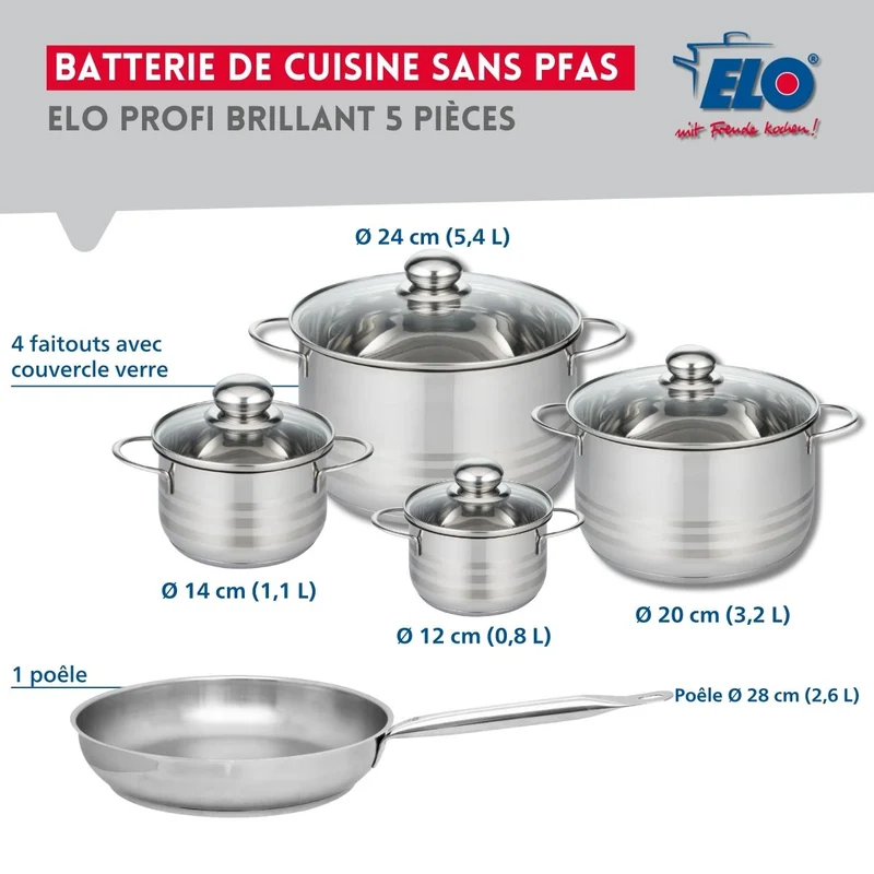 Ensemble de 1 Poêle de cuisson 28 cm et 4 faitouts 12, 14, 20 et 24 cm Elo Profi Brillant