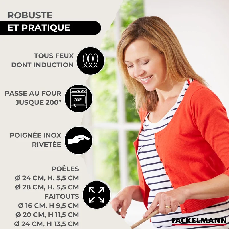 Batterie de cuisine avec 2 poêles 24/28 cm et 3 faitouts 20/24/16 cm avec 6 ustensiles de cuisine Fackelmann Etherna Brillant Oxford