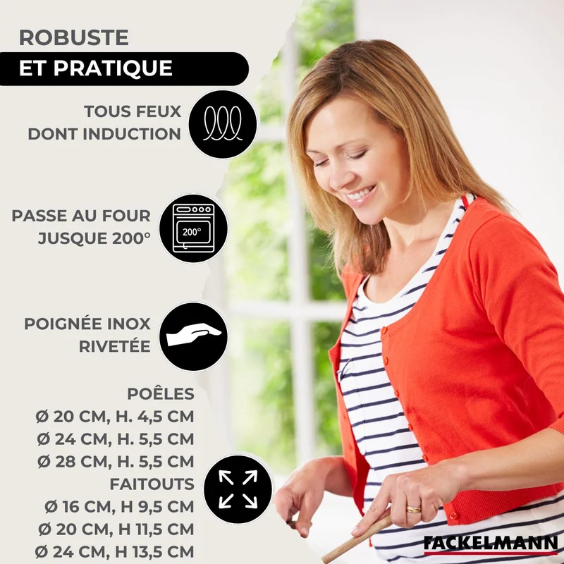 Batterie de cuisine avec 3 poêles 20/24/28 cm et 3 faitouts 16/20/24 cm avec 6 ustensiles de cuisine Fackelmann Etherna Brillant Fenix