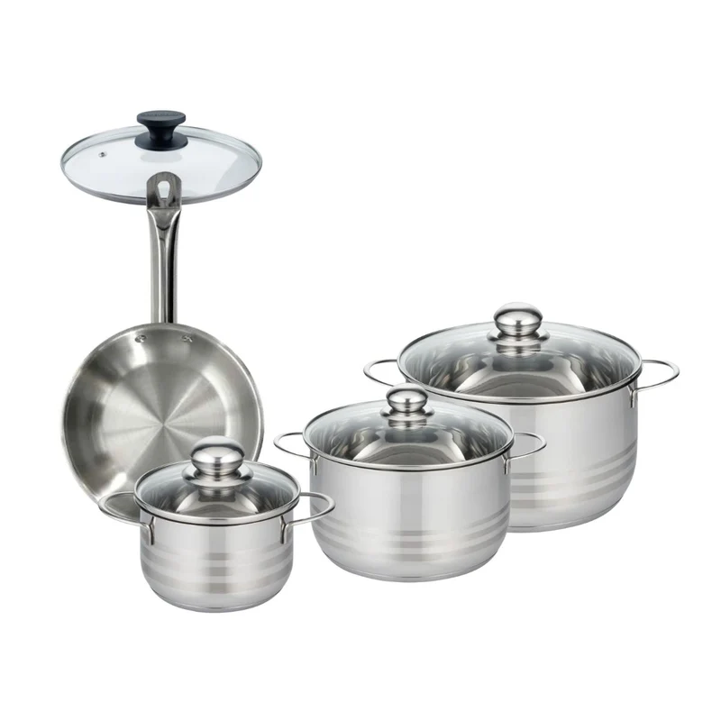 Set 1 poêle 20 cm en inox et 1 couvercle verre, 3 faitouts inox 16, 20 et 24 cm Fackelmann Eterna