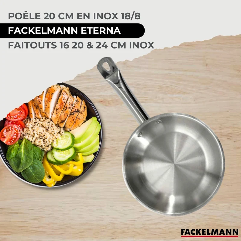 Set 1 poêle 20 cm en inox et 1 couvercle verre, 3 faitouts inox 16, 20 et 24 cm Fackelmann Eterna