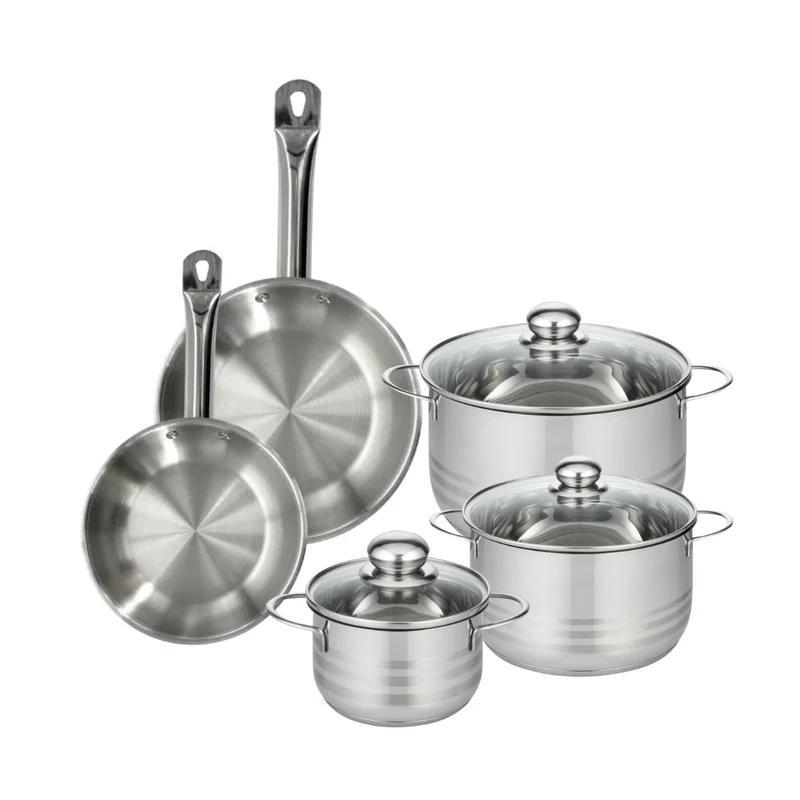 Set 2 poêles 20 24 cm en inox, 3 faitouts inox 16, 20 et 24 cm Fackelmann Eterna