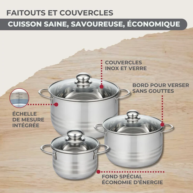 Batterie de cuisine avec 3 poêles 20/24/28 cm et 3 casseroles 12/16/20 cm avec 6 ustensiles de cuisine Fackelmann Généva Brillant Oxford