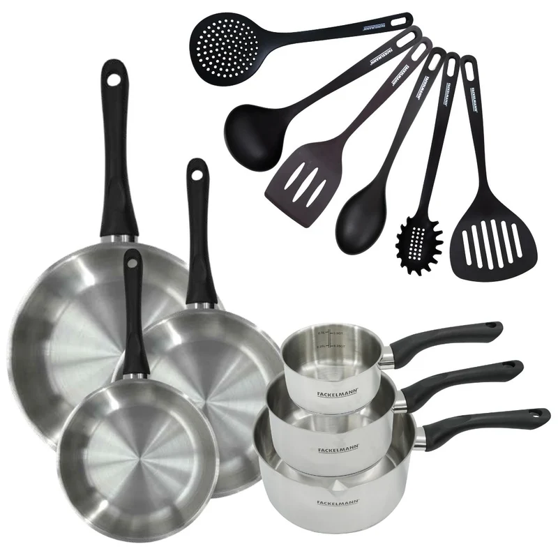 Set 3 poêles 20 24 et 28 cm 3 casseroles 12 16 et 20 cm en inox et 6 ustensiles Fackelmann Geneva