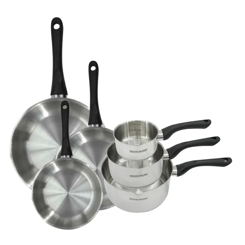Set 3 poêles 20 24 et 28 cm et 3 casseroles 12 16 et 20 cm en inox Fackelmann Geneva