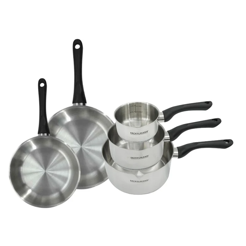 Set 2 poêles 20 et 24 cm et 3 casseroles 12 16 et 20 cm en inox Fackelmann Geneva