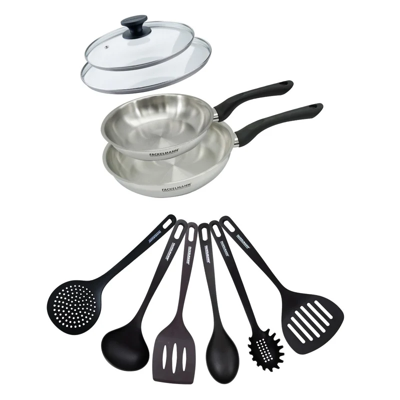 Set 2 poêles 20 et 24 cm en inox, couvercles verre et 6 ustensiles Fackelmann Geneva