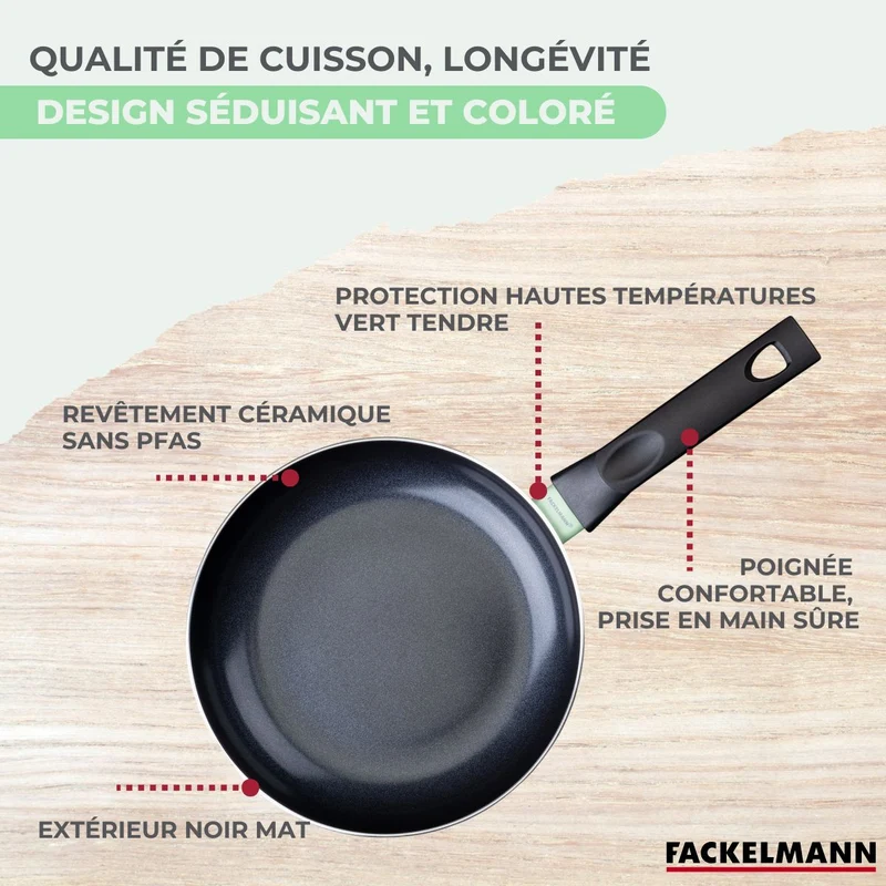 Set de 3 poêles 20 24 et 28 cm et 3 casseroles 16, 18 et 20 cm antiadhésives céramique et 6 ustensiles Fackelmann Brandao