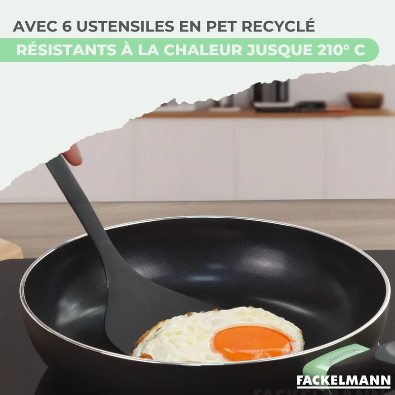 Set de 2 poêles 16 et 20 cm, 3 casseroles céramique 16, 18 et 20 cm et 6 ustensiles Fackelmann Brandao
