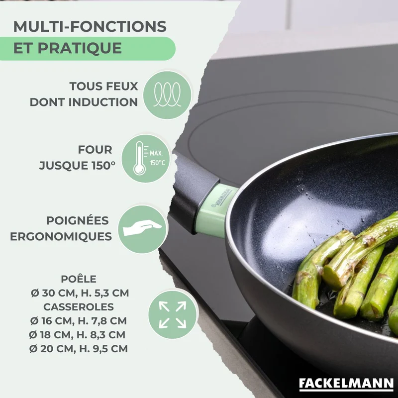 Set de 1 poêle 30 cm, 3 casseroles antiadhésives céramique 16, 18 et 20 cm et 6 ustensiles Fackelmann Brandao