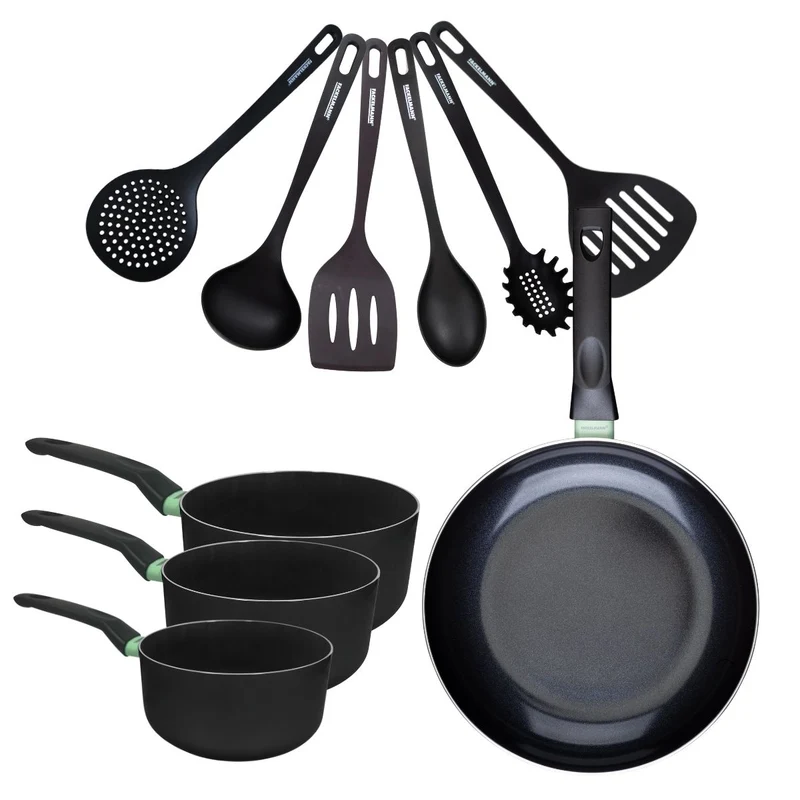 Set de 1 poêle 28 cm, 3 casseroles antiadhésives céramique 16, 18 et 20 cm et 6 ustensiles Fackelmann Brandao