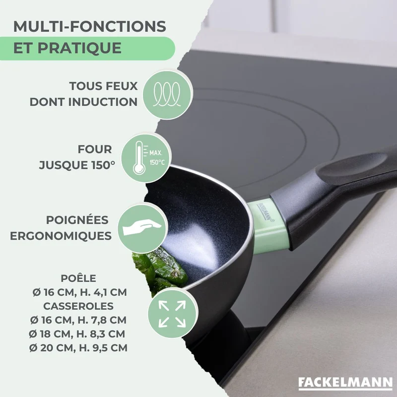 Set de 1 poêle 16 cm, 3 casseroles antiadhésives céramique 16, 18 et 20 cm et 6 ustensiles Fackelmann Brandao