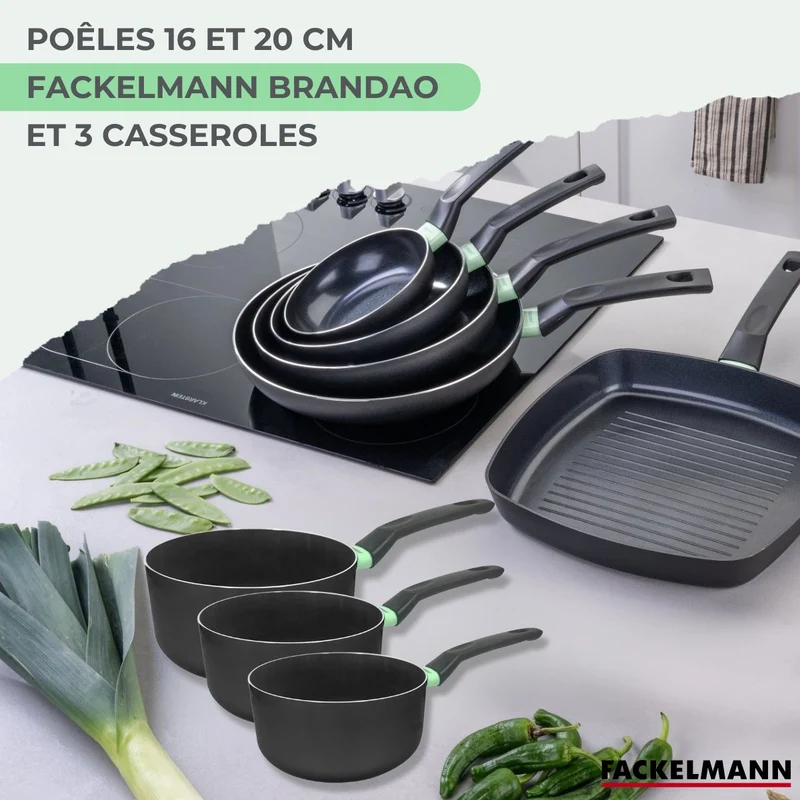 Ensemble de 2 poêles de 16 et 20 cm et 3 casseroles 16, 18 et 20 cm Fackelmann Brandao