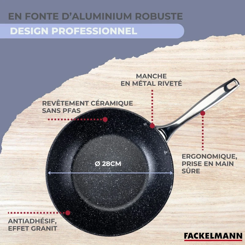 Wok 28 cm fonte aluminium revêtement antiadhésif céramique sans PFAS Fackelmann