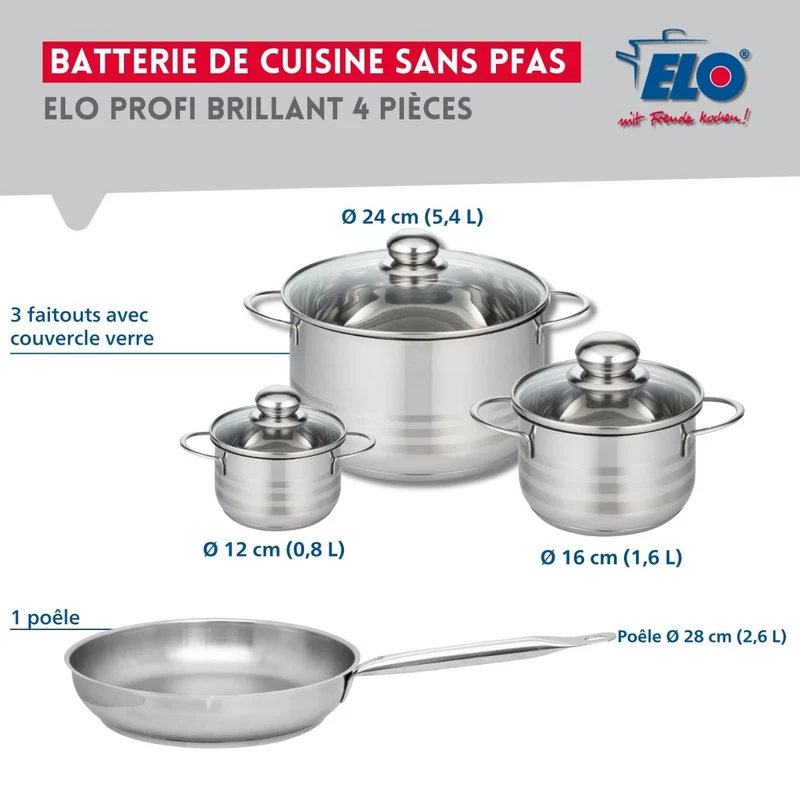 Ensemble de 1 Poêle de cuisson 28 cm et 3 faitouts 12, 16 et 24 cm Elo Profi Brillant