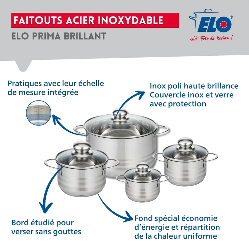 Ensemble de 3 Poêles de cuisson 24, 28 et 32 cm et 4 faitouts 12, 14, 16 et 24 cm Elo Profi Brillant