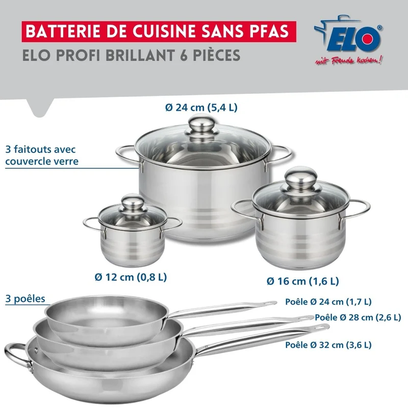 Ensemble de 3 Poêles de cuisson 24, 28 et 32 cm et 3 faitouts 12, 16 et 24 cm Elo Profi Brillant