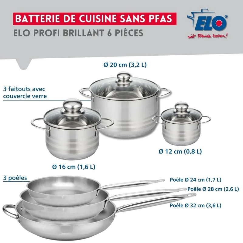 Ensemble de 3 Poêles de cuisson 24, 28 et 32 cm et 3 faitouts 12, 16 et 20 cm Elo Profi Brillant