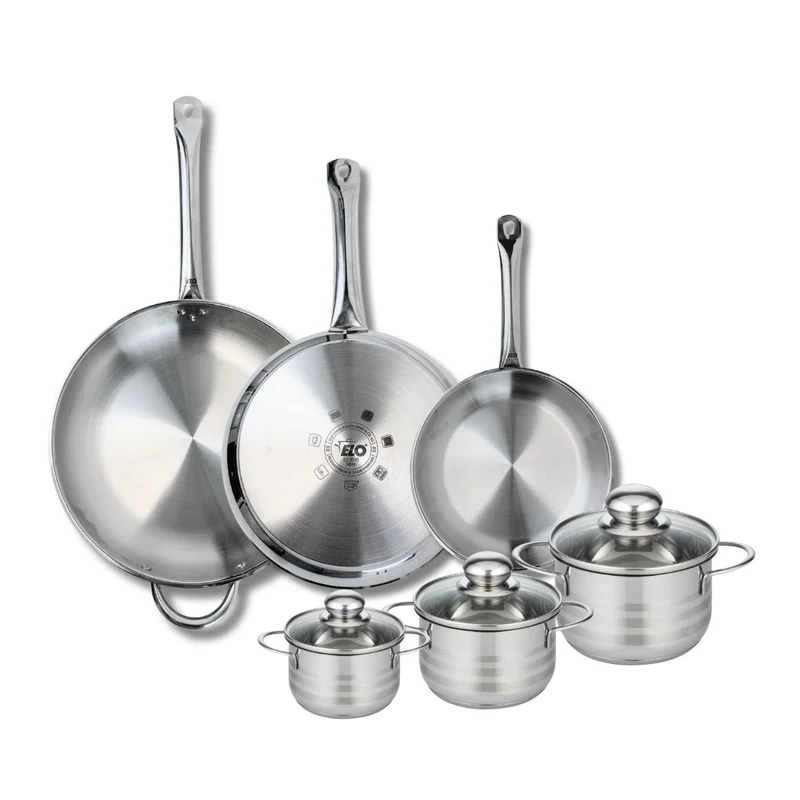 Ensemble de 3 Poêles de cuisson 24, 28 et 32 cm et 3 faitouts 12, 14 et 16 cm Elo Profi Brillant