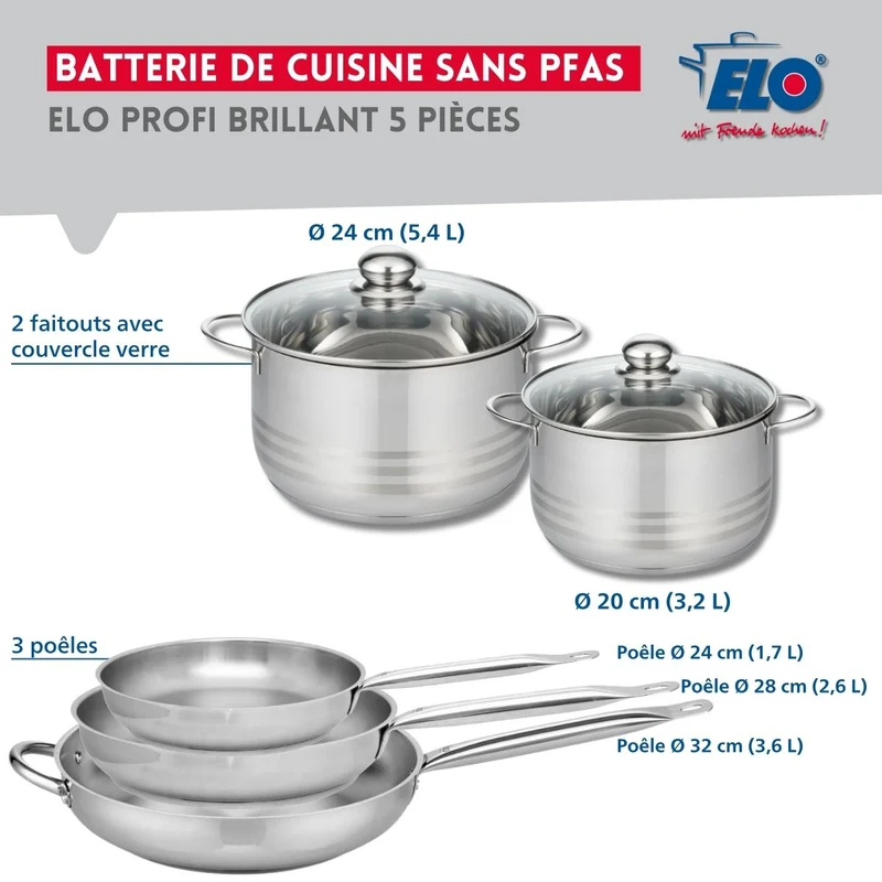 Ensemble de 3 Poêles de cuisson 24, 28 et 32 cm et 2 faitouts 20 et 24 cm Elo Profi Brillant