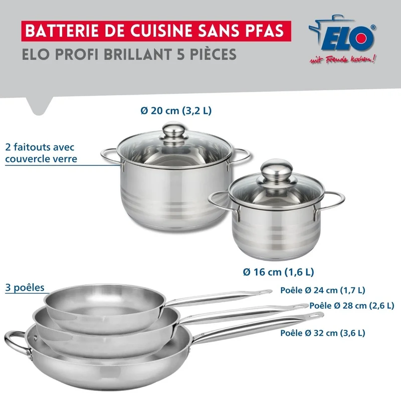 Ensemble de 3 Poêles de cuisson 24, 28 et 32 cm et 2 faitouts 16 et 20 cm Elo Profi Brillant