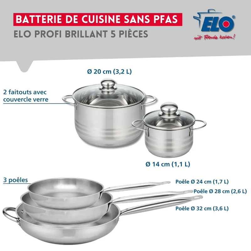 Ensemble de 3 Poêles de cuisson 24, 28 et 32 cm et 2 faitouts 14 et 20 cm Elo Profi Brillant