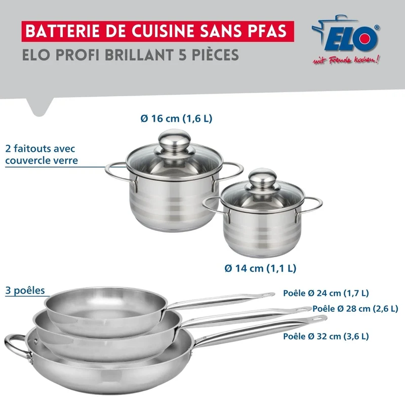 Ensemble de 3 Poêles de cuisson 24, 28 et 32 cm et 2 faitouts 14 et 16 cm Elo Profi Brillant