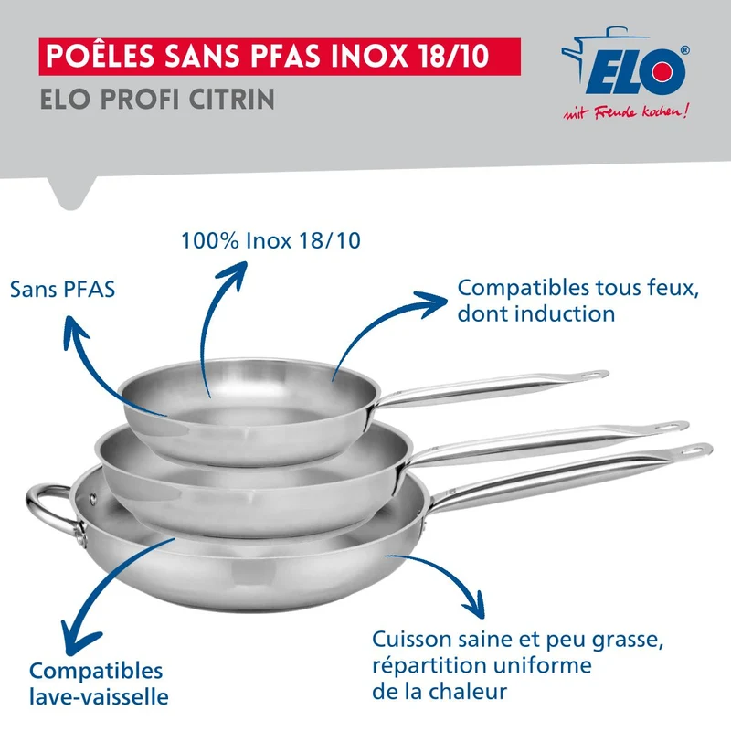 Ensemble de 3 Poêles de cuisson 24, 28 et 32 cm et 2 faitouts 12 et 24 cm Elo Profi Brillant