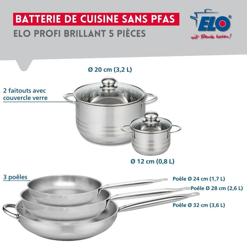 Ensemble de 3 Poêles de cuisson 24, 28 et 32 cm et 2 faitouts 12 et 20 cm Elo Profi Brillant