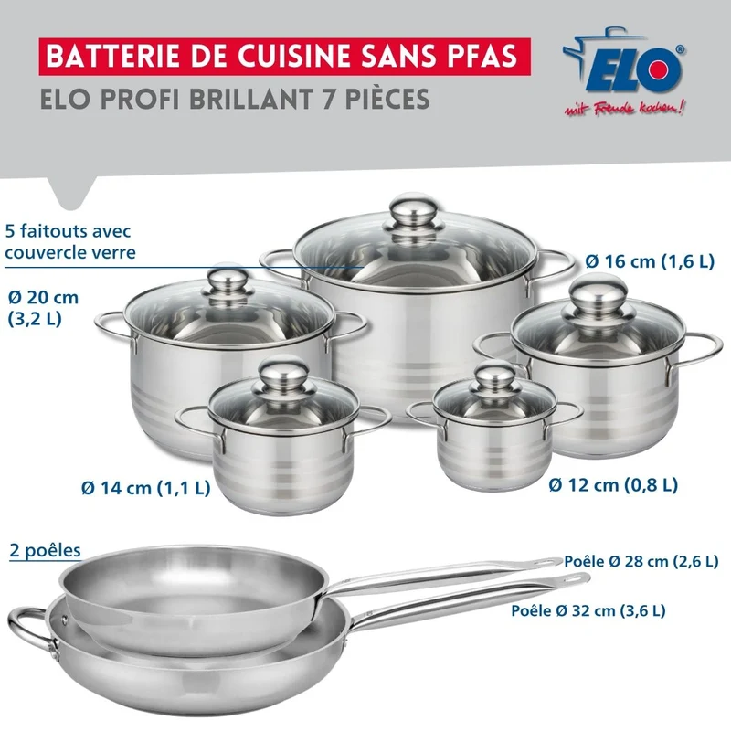 Ensemble de 2 Poêles de cuisson 28 et 32 cm et 5 faitouts 12, 14, 16, 20 et 24 cm Elo Profi Brillant