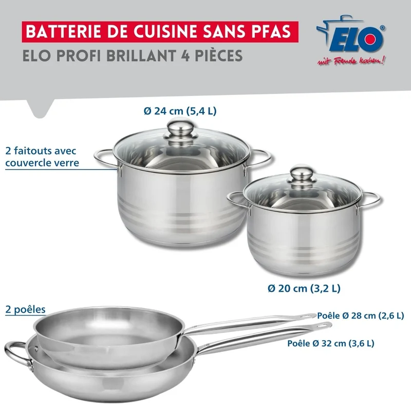 Ensemble de 2 Poêles de cuisson 28 et 32 cm et 2 faitouts 20 et 24 cm Elo Profi Brillant
