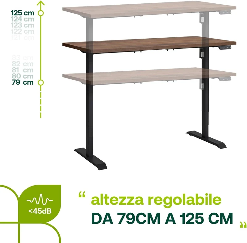 Bureau debout réglable en hauteur avec 4 hauteurs d'affichage et moteur 150x69 cm Brera noyer et noir