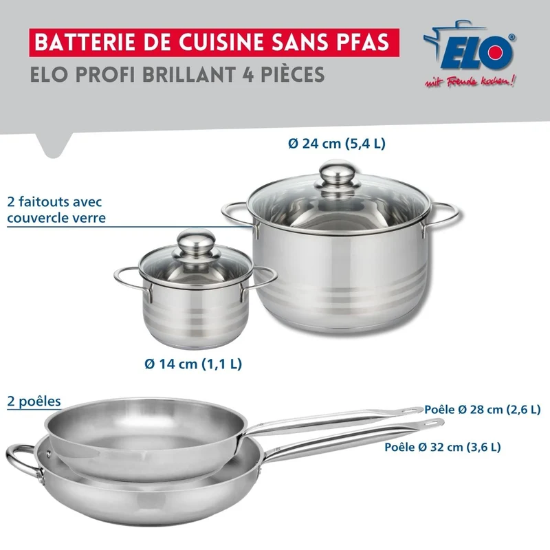 Ensemble de 2 Poêles de cuisson 28 et 32 cm et 2 faitouts 14 et 24 cm Elo Profi Brillant
