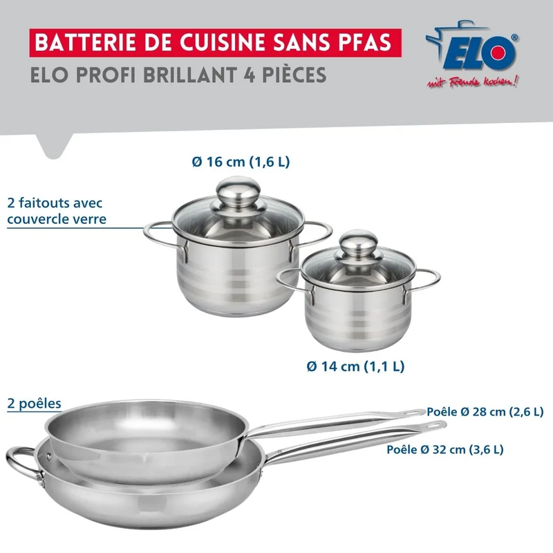 Ensemble de 2 Poêles de cuisson 28 et 32 cm et 2 faitouts 14 et 16 cm Elo Profi Brillant
