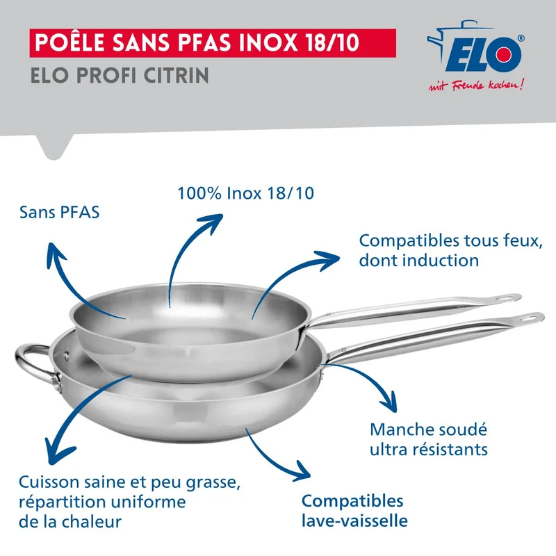 Ensemble de 2 Poêles de cuisson 28 et 32 cm et 2 faitouts 12 et 24 cm Elo Profi Brillant