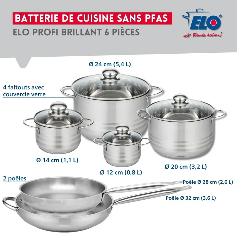 Ensemble de 2 Poêles de cuisson 28 et 32 cm et 4 faitouts 12, 14, 20 et 24 cm Elo Profi Brillant
