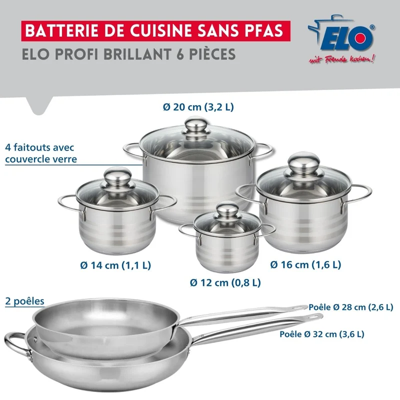 Ensemble de 2 Poêles de cuisson 28 et 32 cm et 4 faitouts 12, 14, 16 et 20 cm Elo Profi Brillant