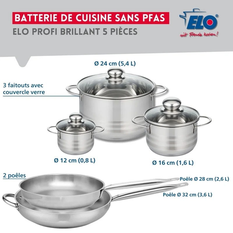 Ensemble de 2 Poêles de cuisson 28 et 32 cm et 3 faitouts 12, 16 et 24 cm Elo Profi Brillant