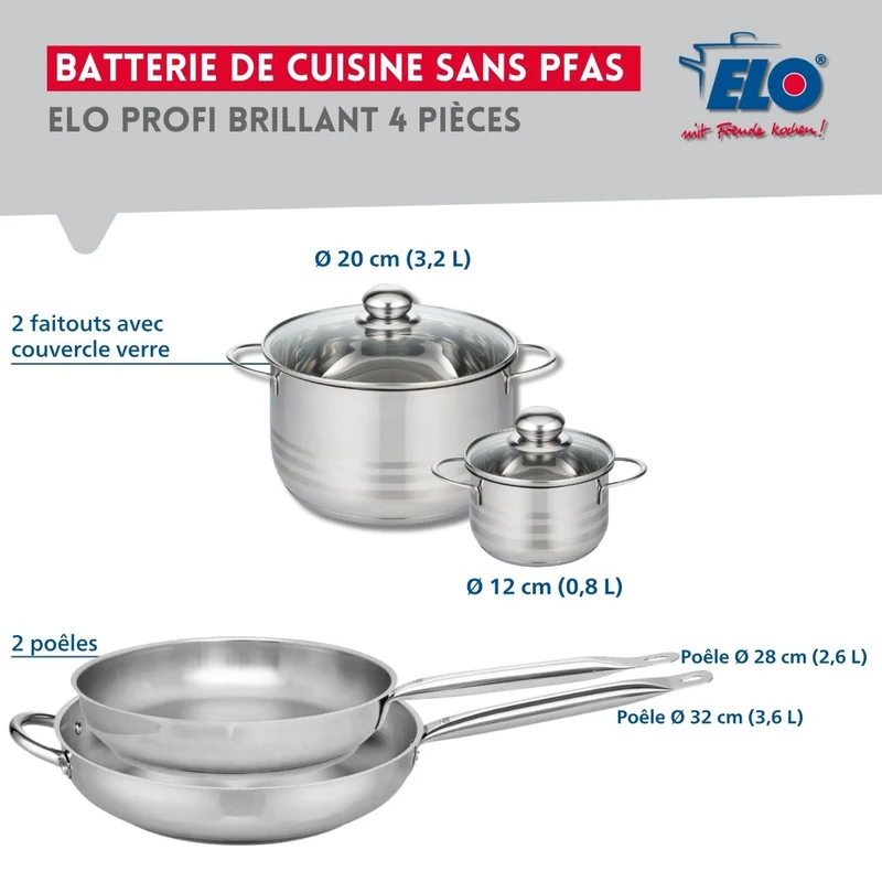 Ensemble de 2 Poêles de cuisson 28 et 32 cm et 2 faitouts 12 et 20 cm Elo Profi Brillant