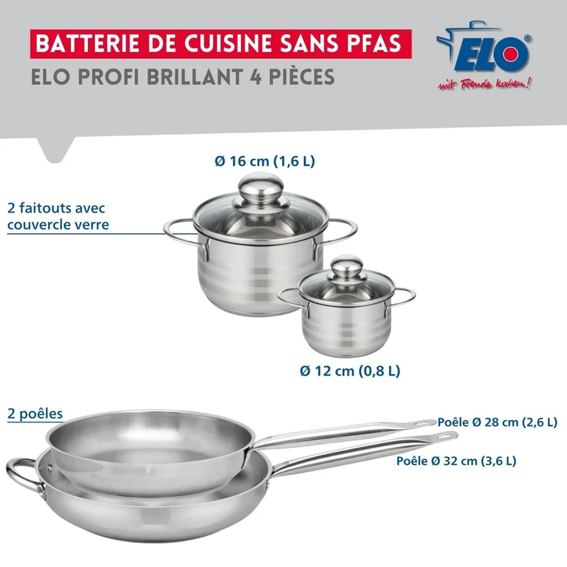 Ensemble de 2 Poêles de cuisson 28 et 32 cm et 2 faitouts 12 et 16 cm Elo Profi Brillant