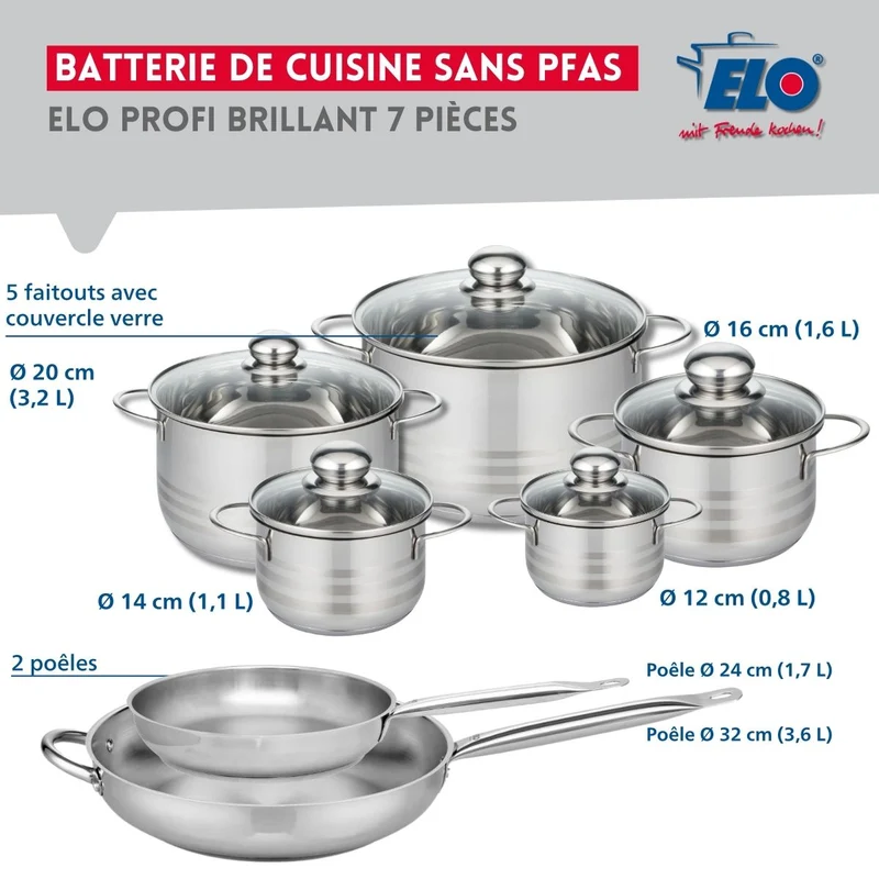 Ensemble de 2 Poêles de cuisson 24 et 32 cm et 5 faitouts 12, 14, 16, 20 et 24 cm Elo Profi Brillant