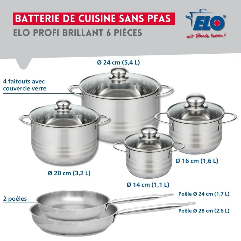 Ensemble de 2 Poêles de cuisson 24 et 28 cm et 4 faitouts 14, 16, 20 et 24 cm Elo Profi Brillant